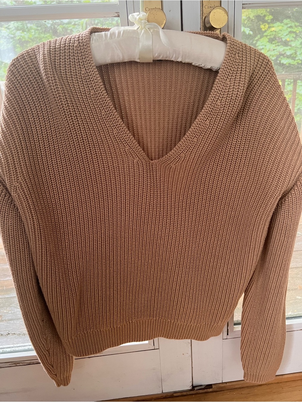 Wuince 100% Organic Cotton Fisherman V-Neck Sweater relaxed fit golden camel